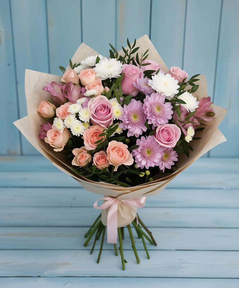 Букет цветов из: Хризантемы, Розы и Альстромерии в Спасс