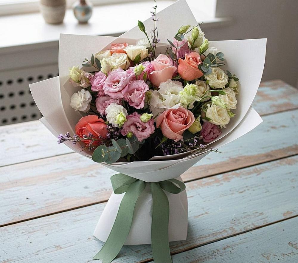 Букет цветов из: Розы, Лизиантусы и Гвоздики в Спасс