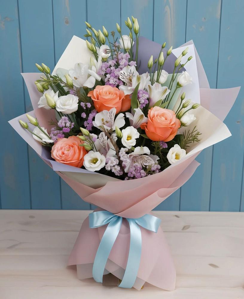 Букет цветов из: Лизиантусы, Розы, Альстромерии и Гипсофила в Спасс