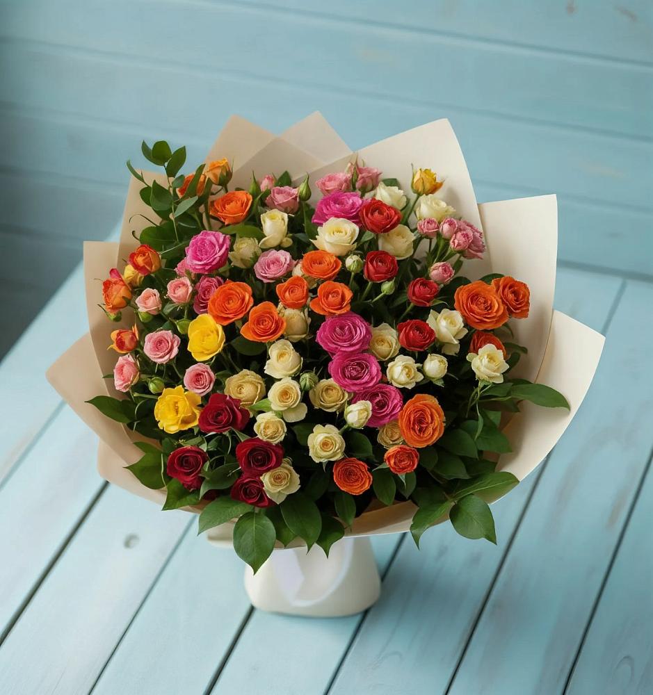 Букет Микс из разноцветных кустовых роз в Спасс