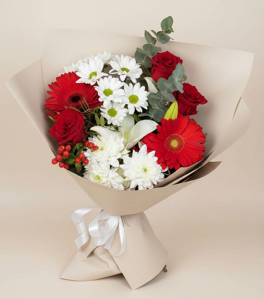 Букет цветов из: Розы, Хризантемы, Герберы и Лилии в Спасс