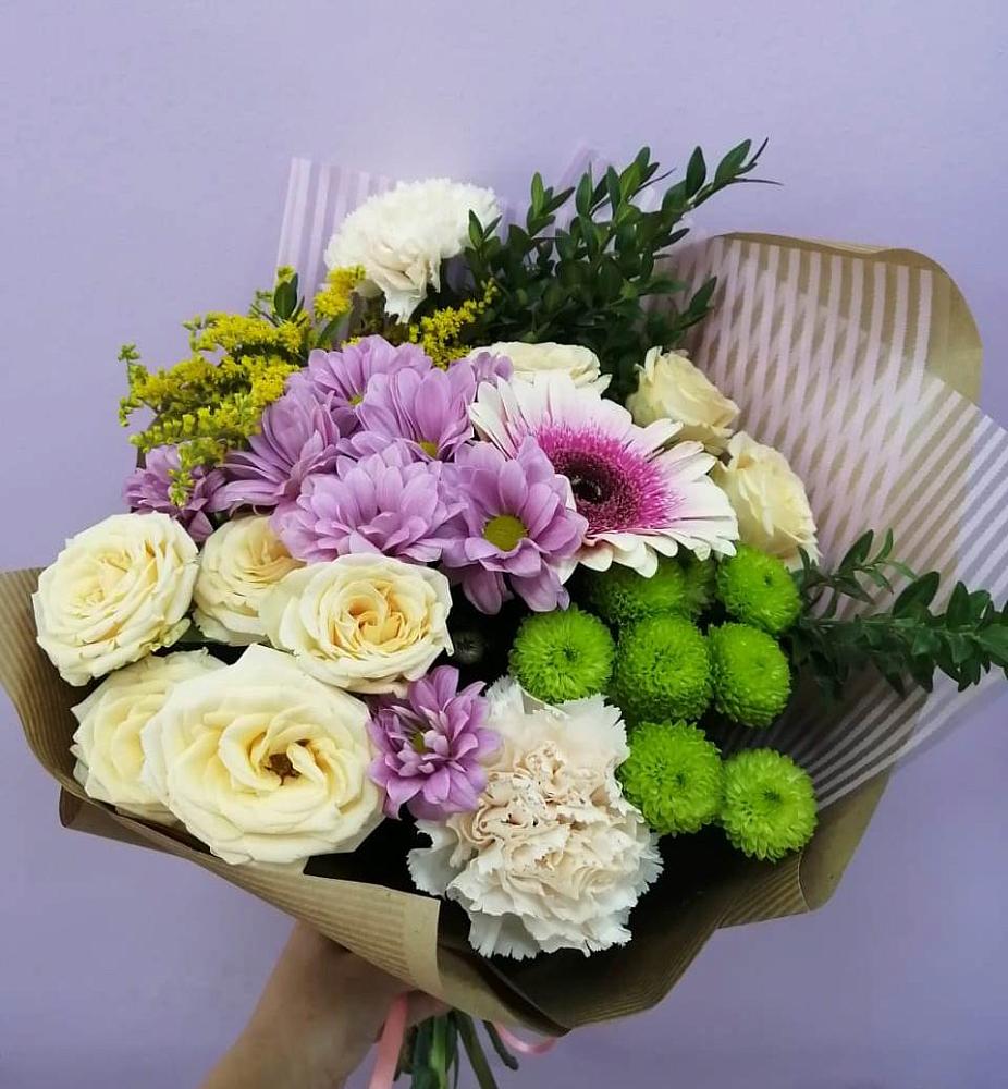 Букет цветов из: Хризантемы, Розы, Гвоздики и Герберы в Спасс