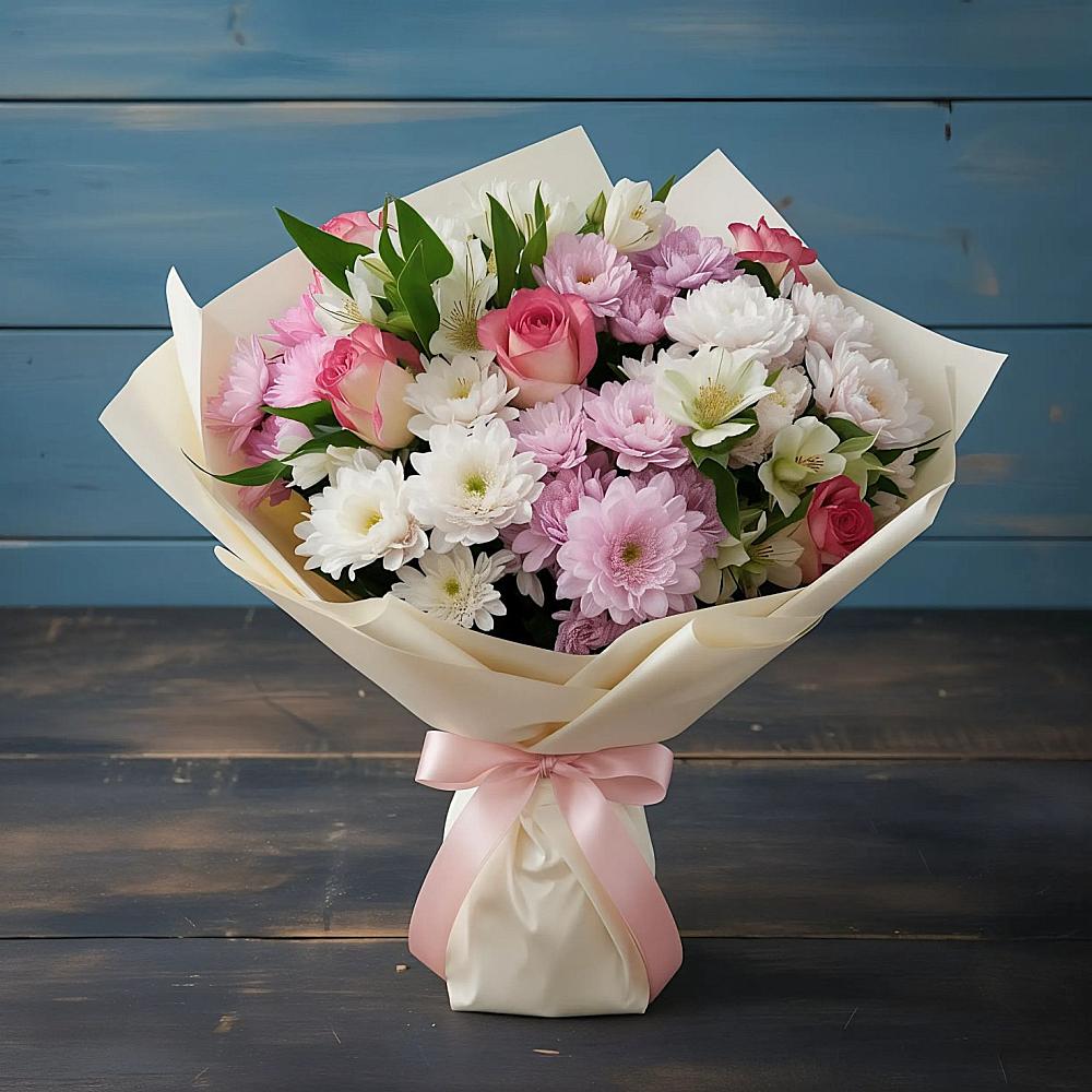 Букет цветов из: Хризантемы, Альстромерии и Розы в Спасс